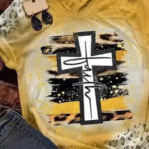 Olivia Mark Leopard Print Casual Tshirt Polyester with Cross Faith Design XL